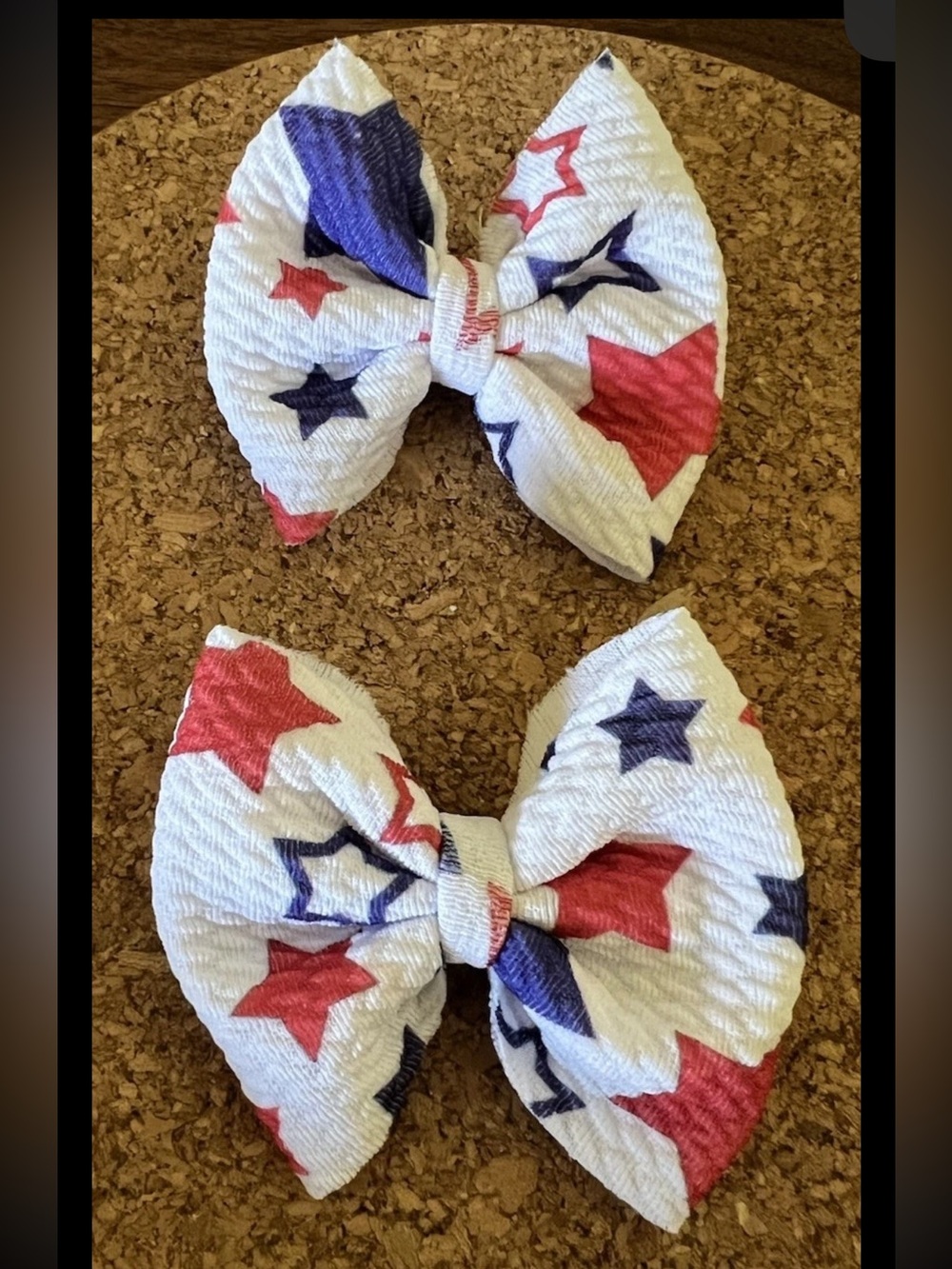 Handmade Fabric Hair Bow Red White Blue Stars 4th July Girl 2.75”x2.5” Clip 2pc